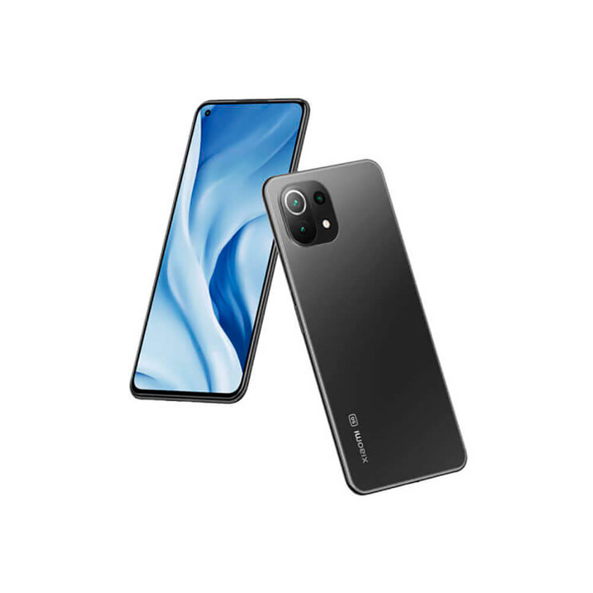 Dwa smartfony, jeden z niebiesko-białym abstrakcyjnym wzorem na ekranie.