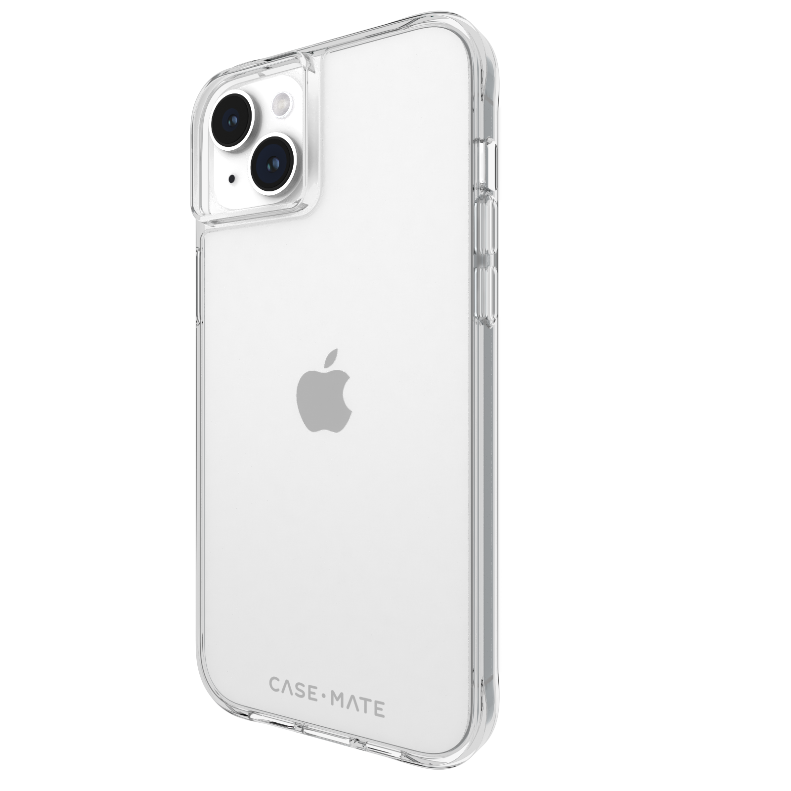 Transparente Handyhülle mit einem Apfel-Logo. Das Telefon ist angewinkelt, der Hintergrund ist schwarz.