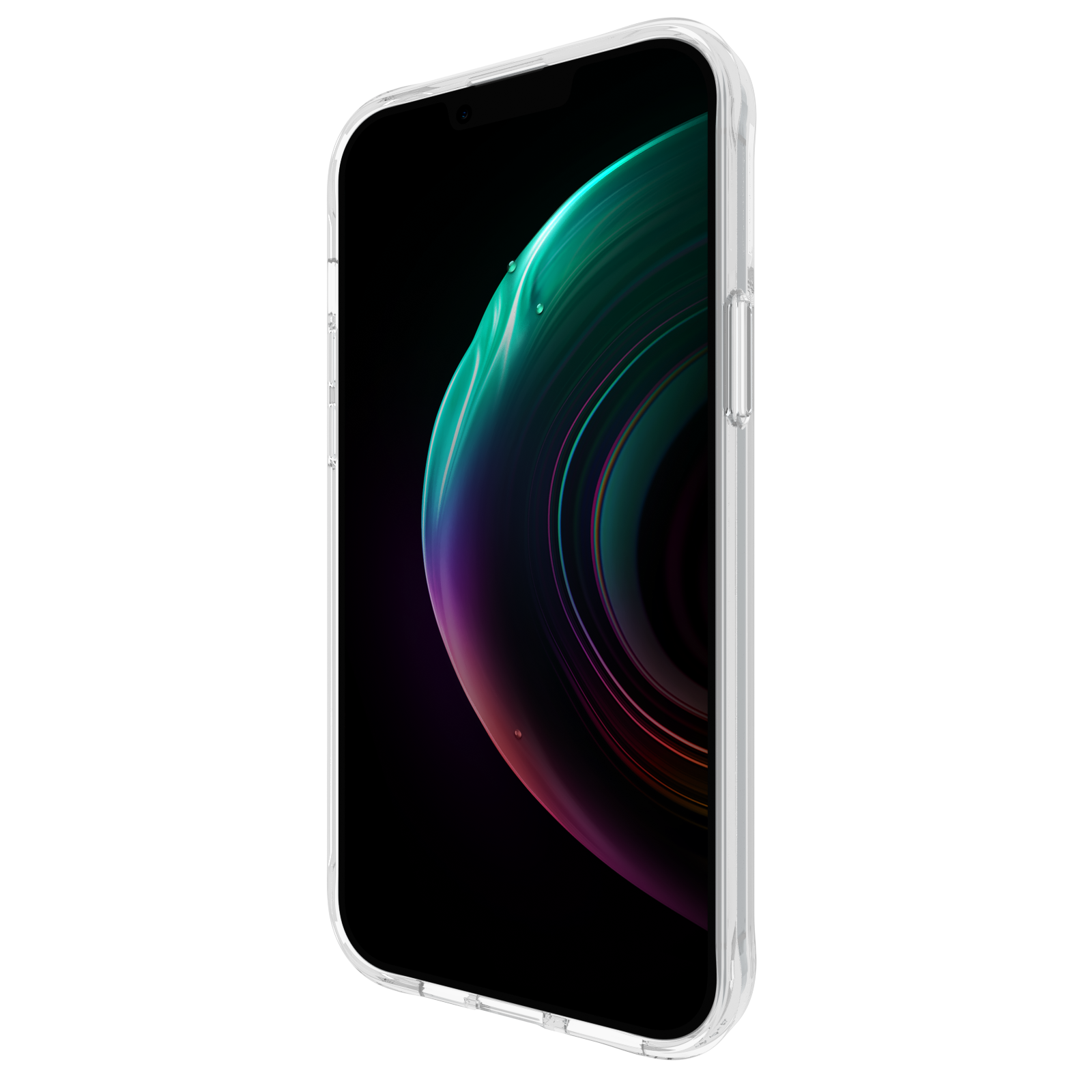 Eine transparente Handyhülle auf einem Telefon, das ein farbenfrohes abstraktes Bild zeigt.