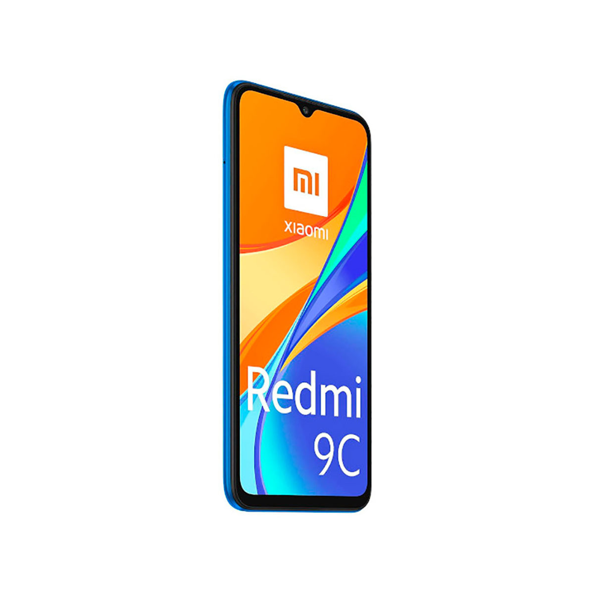 Blaues Xiaomi Redmi 9C-Telefon. Der Bildschirm zeigt das Xiaomi-Logo und den Text Redmi 9C. Weißer Hintergrund.
