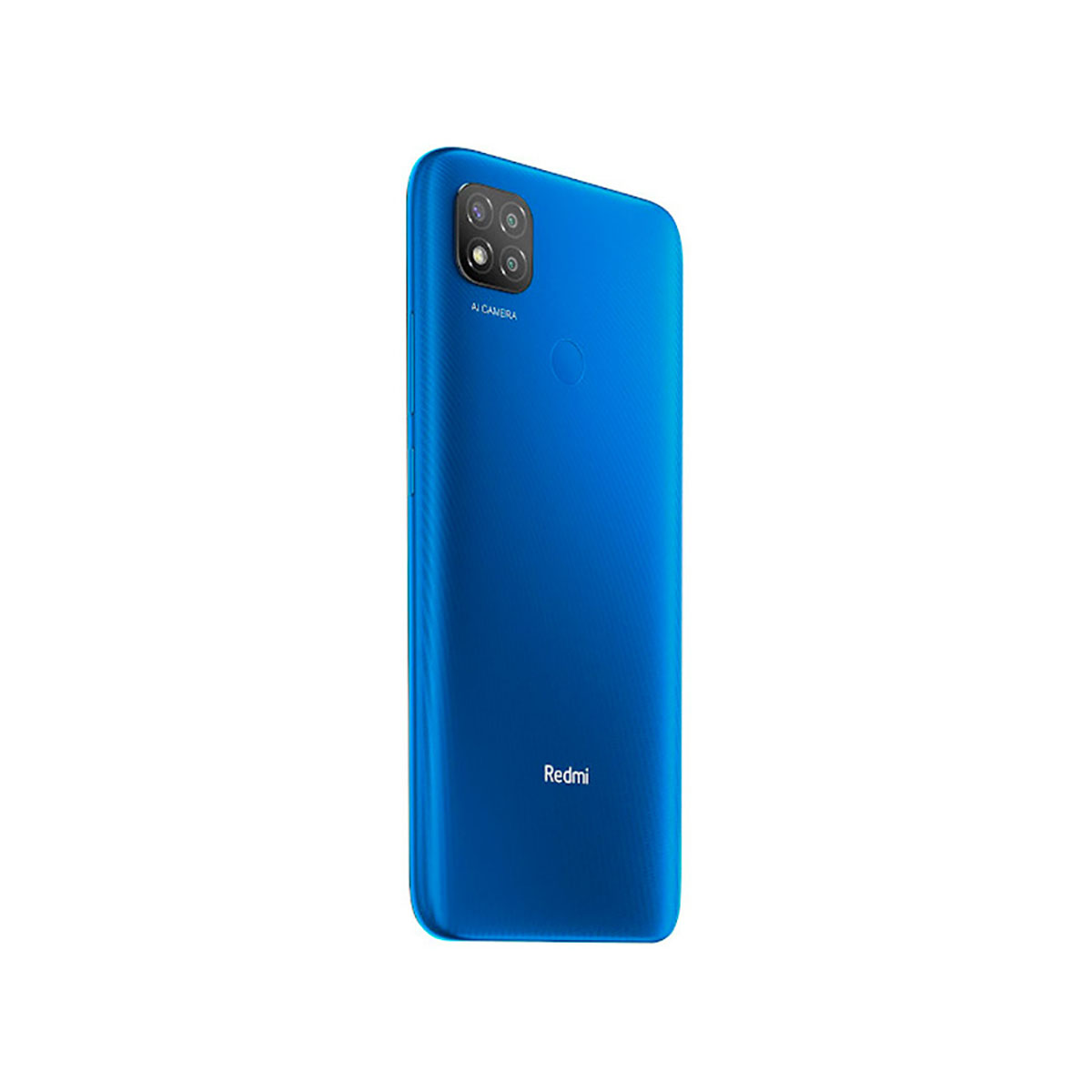 Rückseite eines blauen Smartphones mit Kamera und Redmi-Logo.