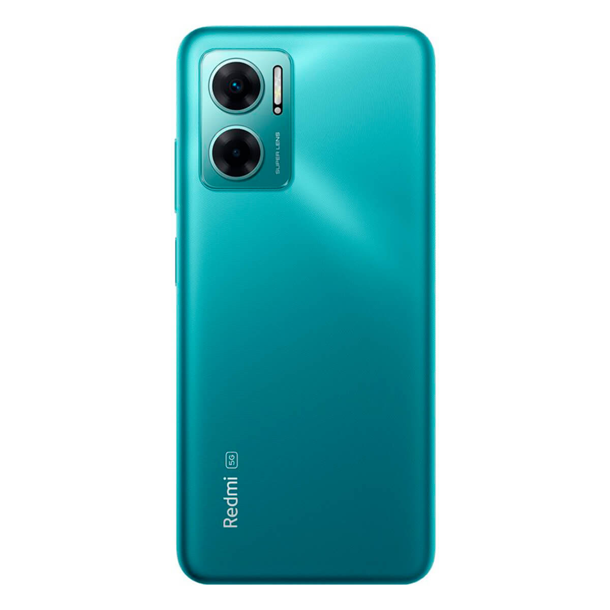 Tył turkusowego telefonu, z podwójnym aparatem i logo Redmi.