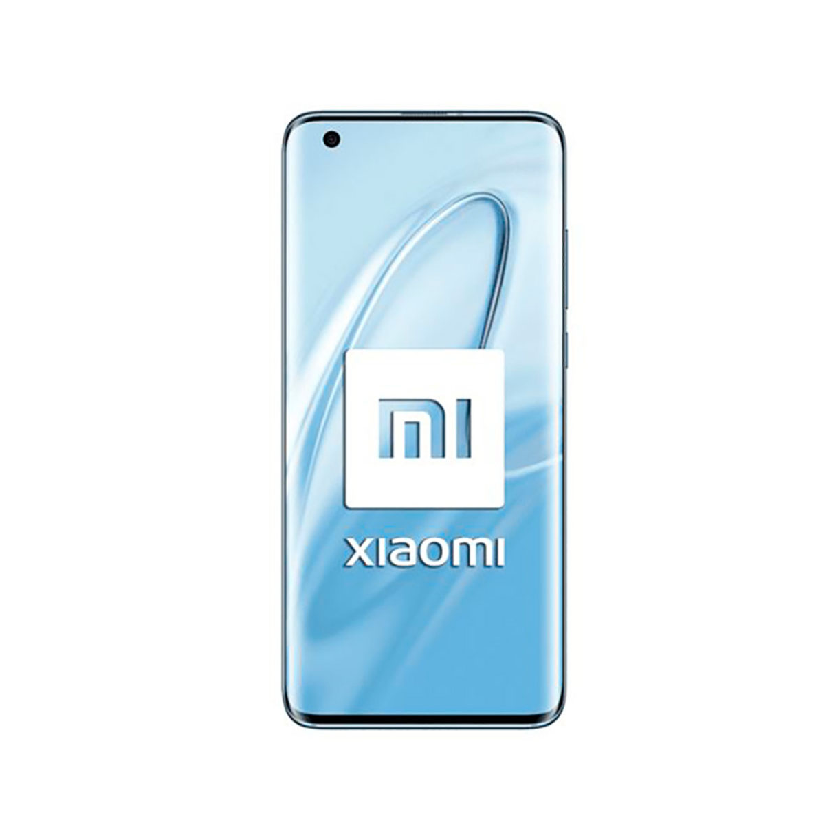 Telefon Xiaomi z logo na ekranie. Niebieskie gradientowe tło.
