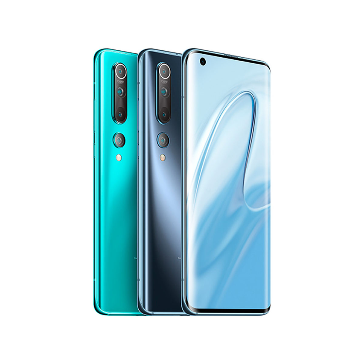 Trzy smartfony, dwa zielone, jeden niebieski, ekranami skierowanymi do widza.