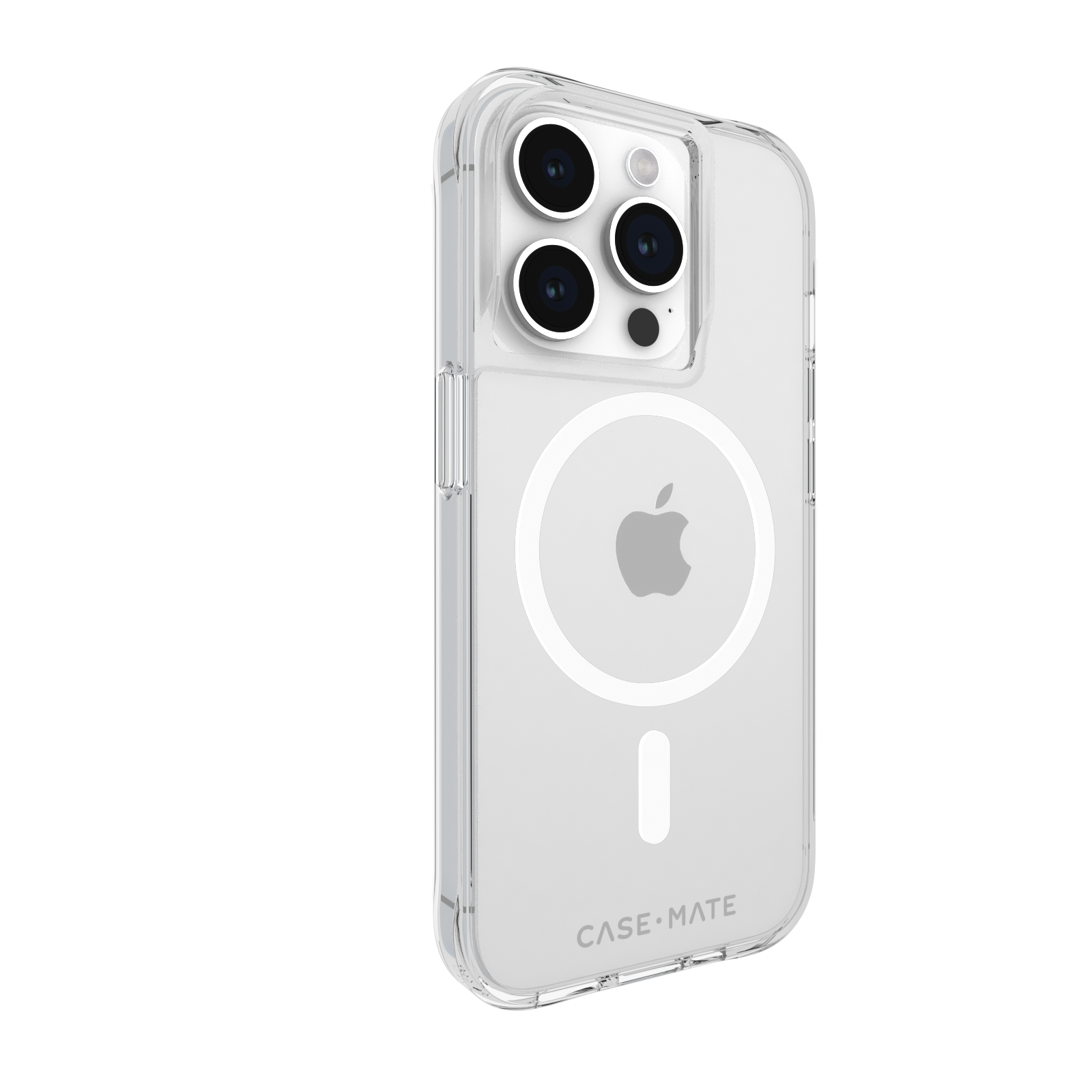 Transparente Handyhülle mit Kameraausschnitten und Apple-Logo. Die Marke Case-Mate ist sichtbar.