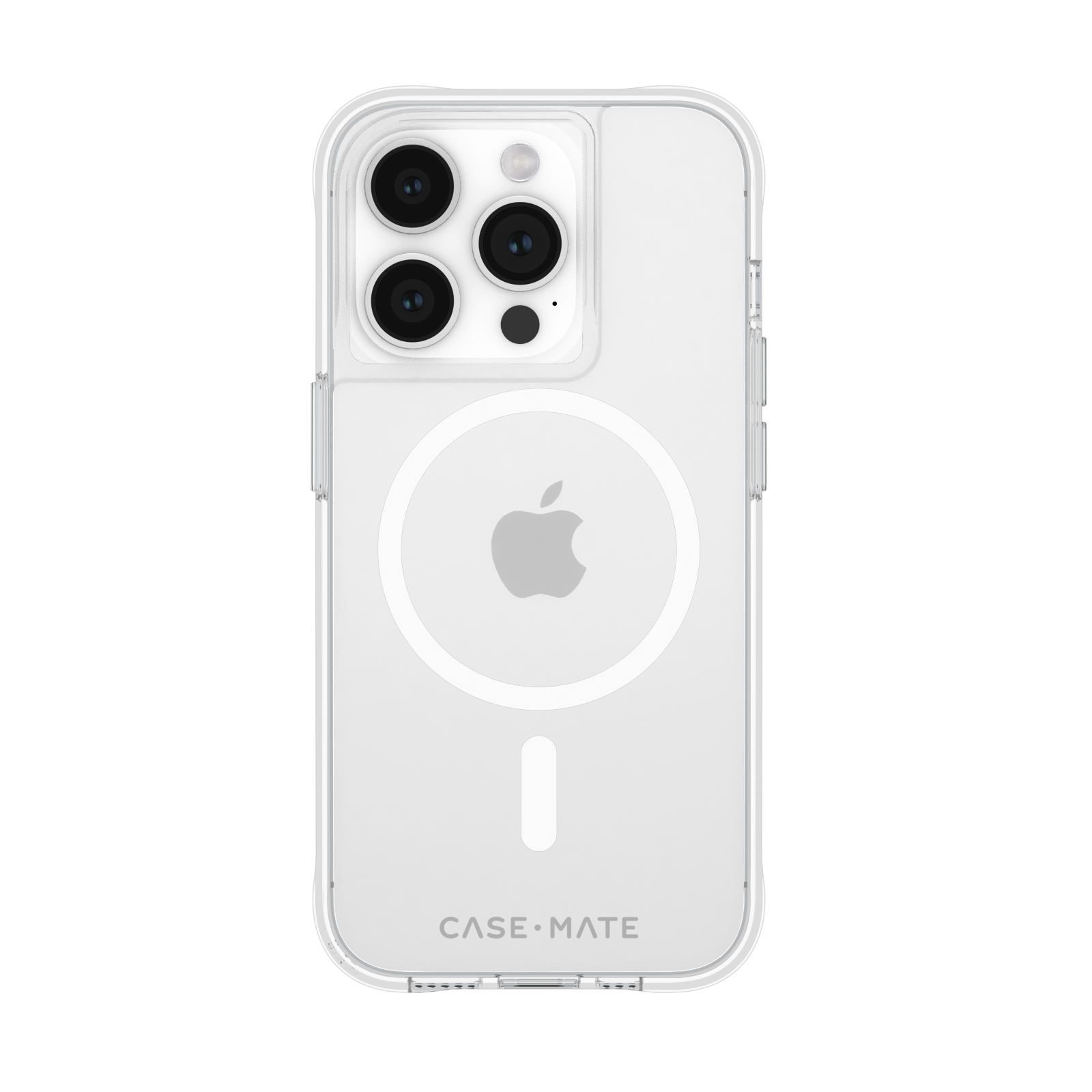 Transparente iPhone-Hülle mit Apple-Logo und weißem MagSafe-Kreis. Schwarzer Hintergrund.