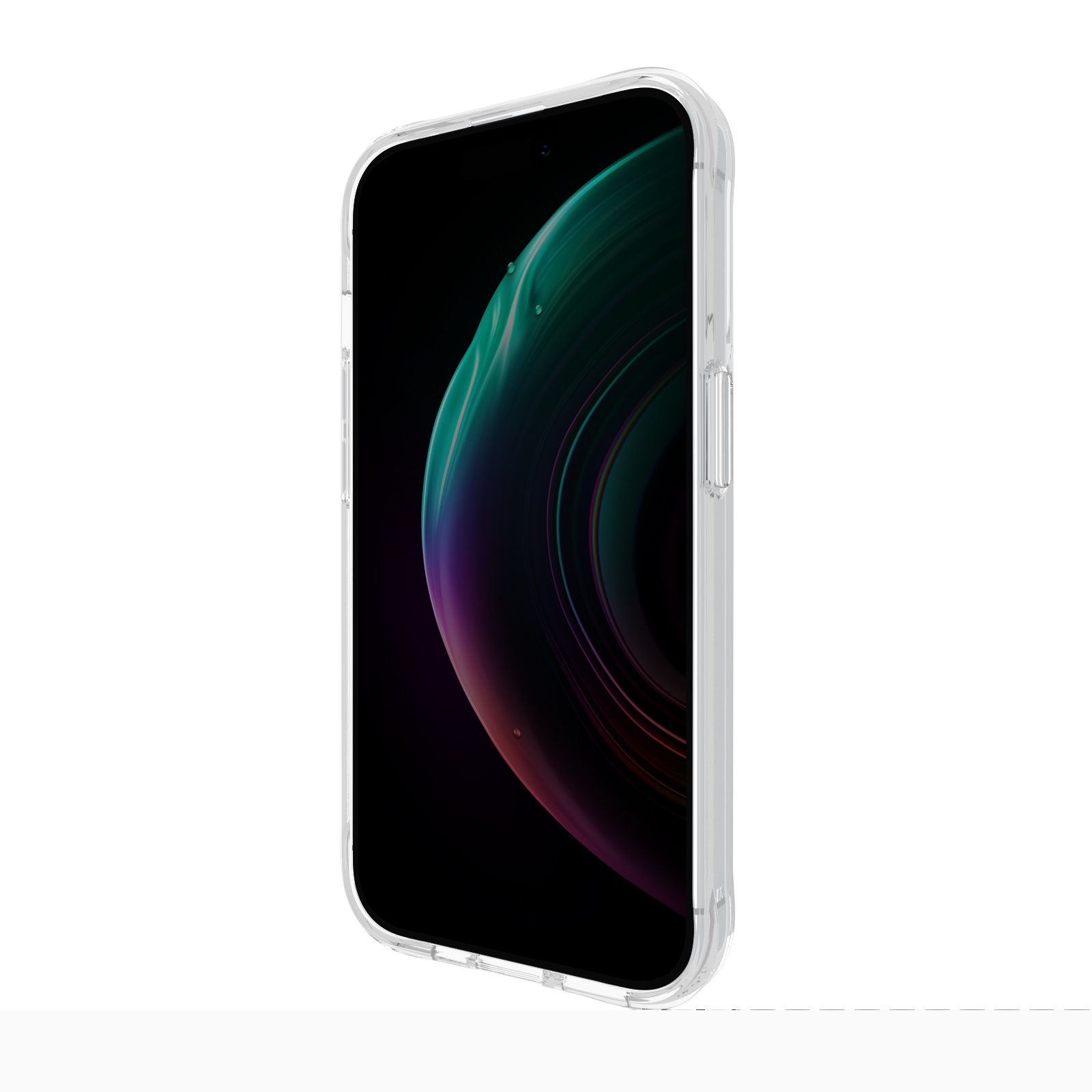 Transparente Handyhülle auf einem Telefon. Das Telefon zeigt ein farbenfrohes Wallpaper.