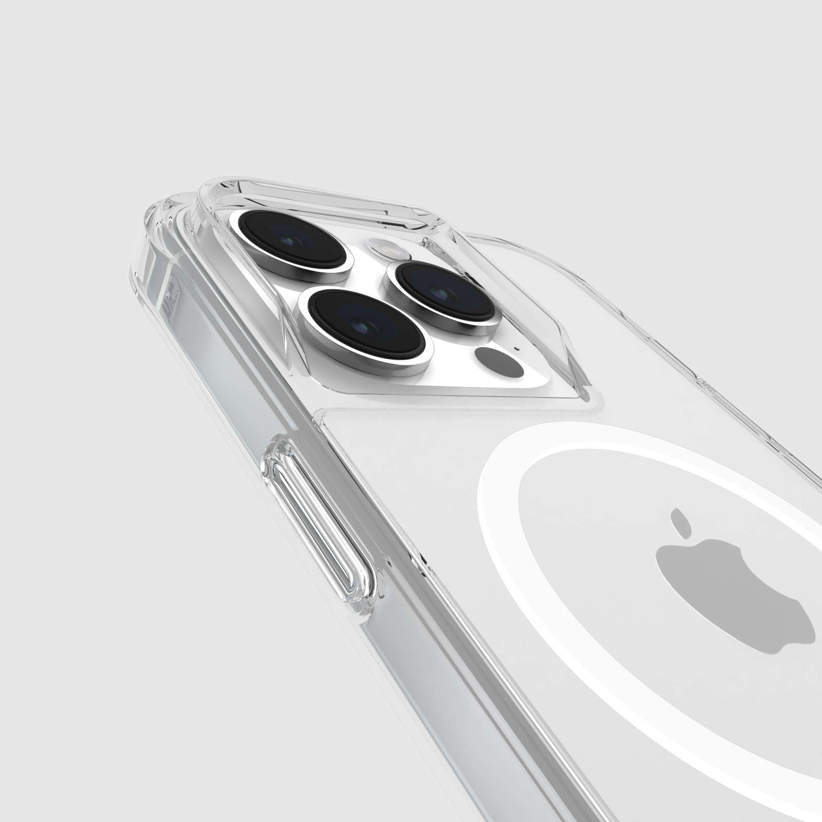 Transparente Handyhülle auf Weiß, zeigt Handykameras und Apple-Logo.