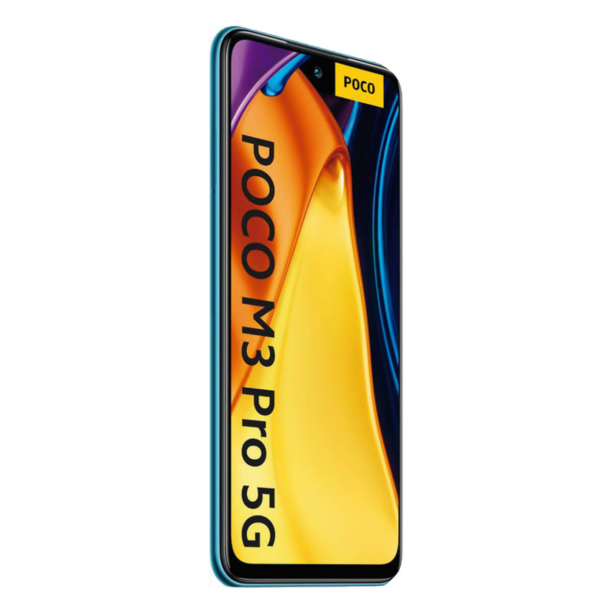Niebieski telefon z ekranem pokazującym pomarańczowo-żółtą grafikę i napisem „POCO M3 Pro 5G”.