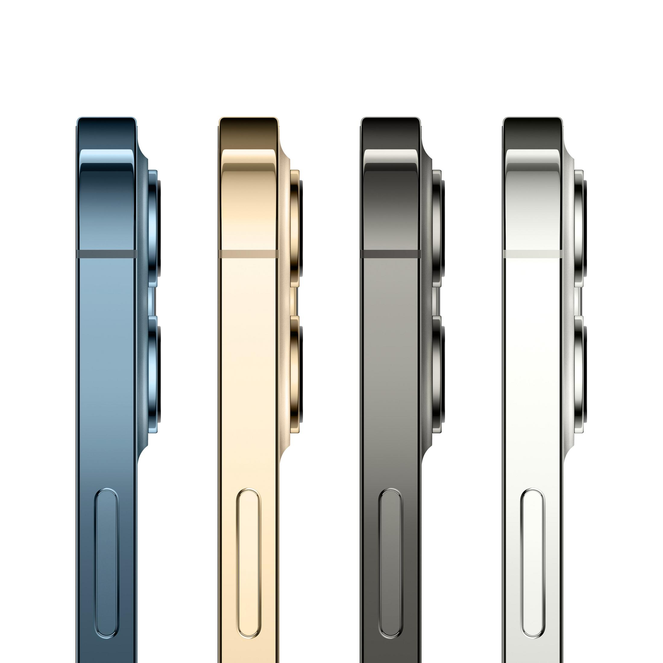 Cztery widoki boczne iPhone'a 13 Pro w różnych kolorach: niebieskim, złotym, grafitowym i srebrnym. Białe tło.