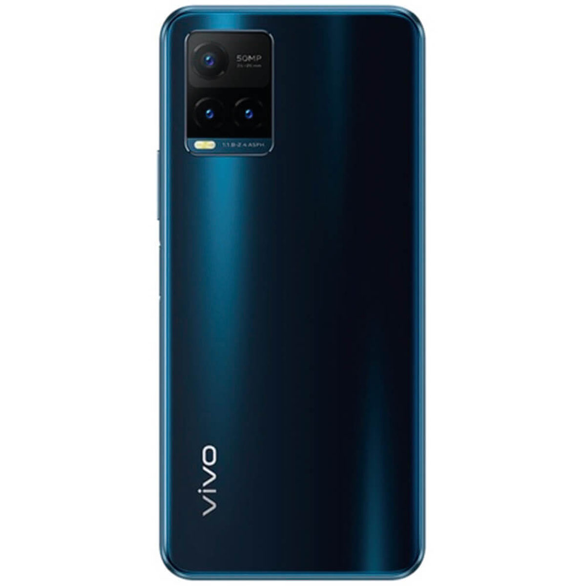 Tył ciemnoniebieskiego telefonu vivo. Telefon posiada wiele aparatów i logo vivo.