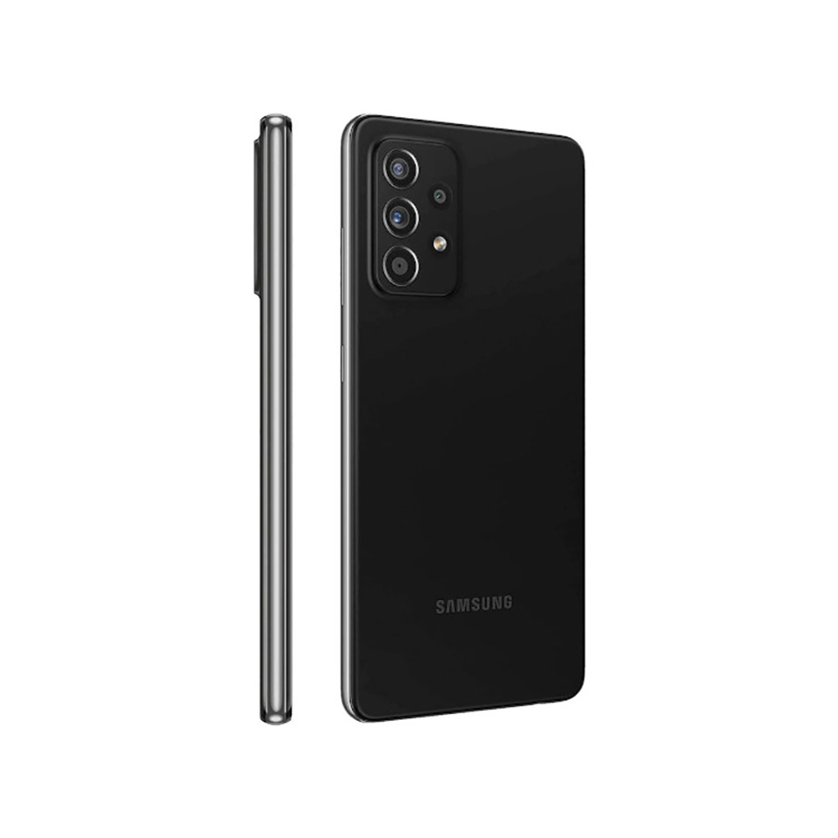 Czarny telefon pokazuje widok z boku i z tyłu. Z tyłu znajdują się kamery i logo Samsung.