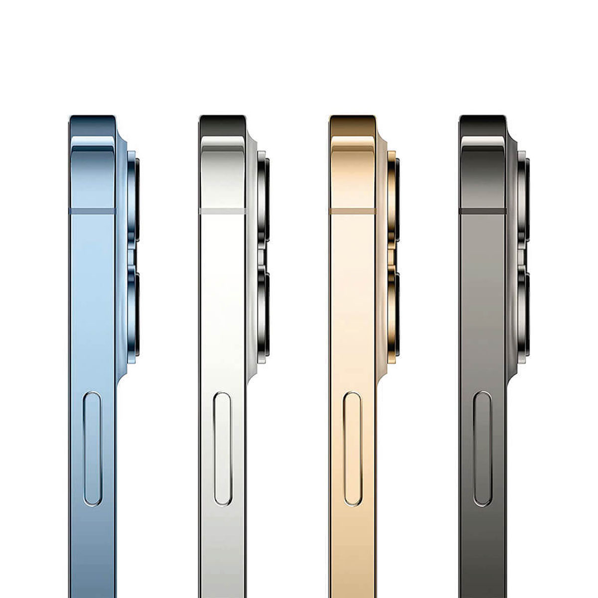 Widok z boku czterech telefonów: niebieskiego, srebrnego, złotego i szarego na białym tle.