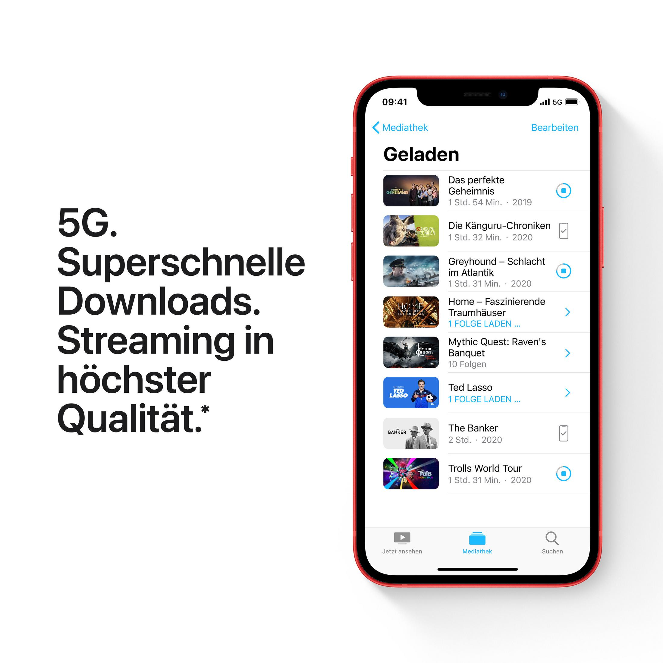 Czerwony telefon wyświetla interfejs aplikacji streamingowej. Tekst brzmi: '5G. Superszybkie pobieranie. Streaming w najwyższej jakości.'