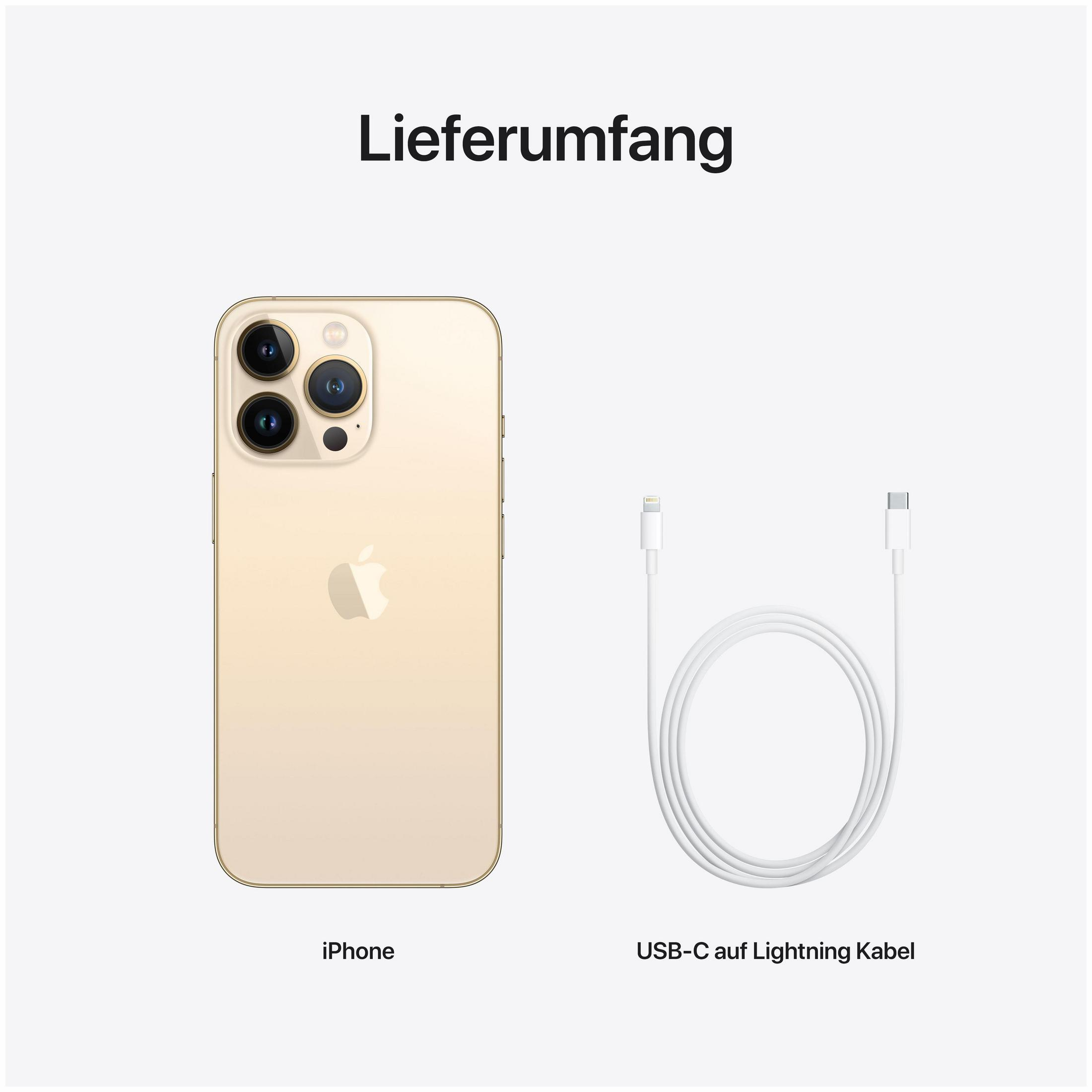 Złoty iPhone, kabel i etykieta. Białe tło. Tekst: Lieferumfang, iPhone, USB-C to Lightning.