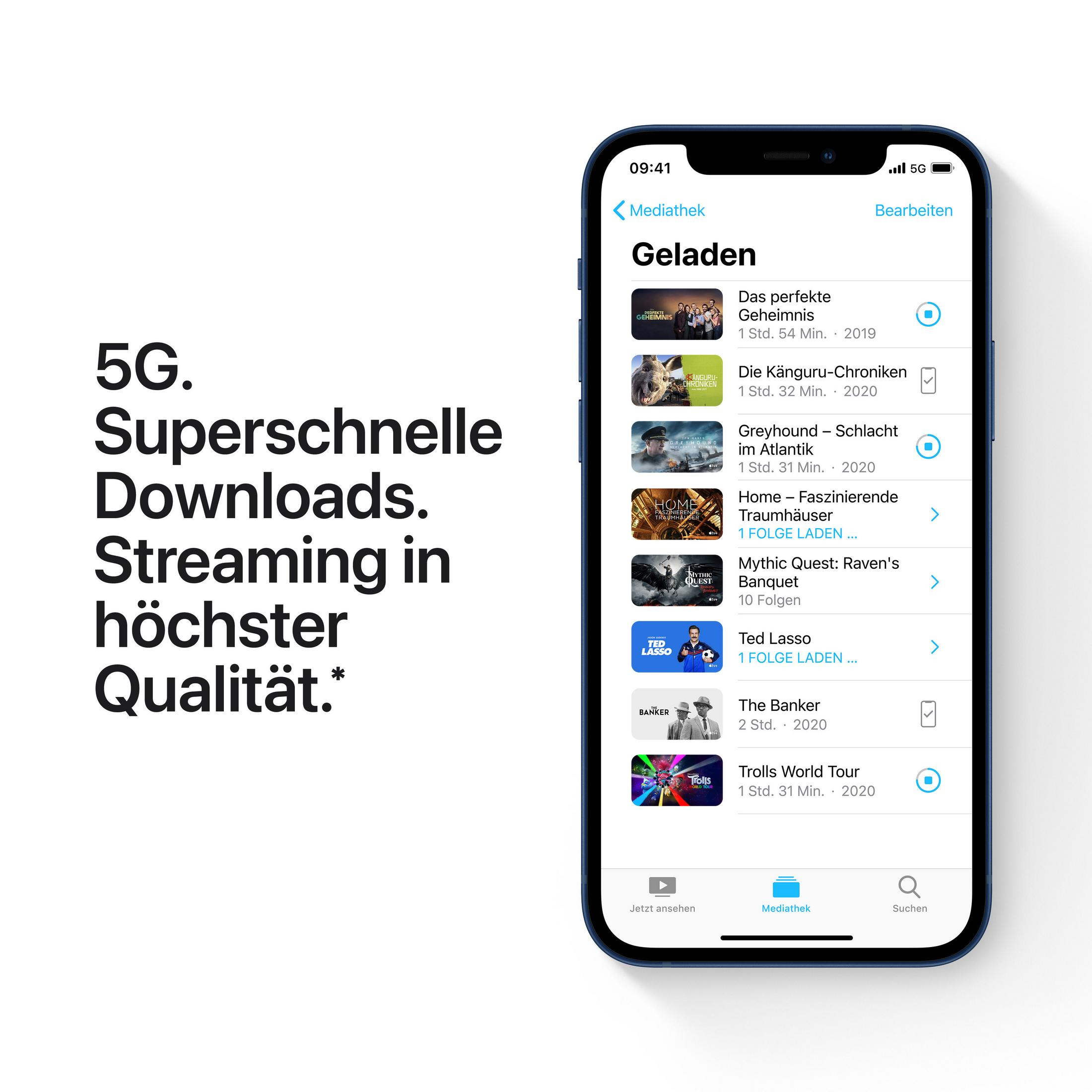 Niebieski iPhone pokazuje interfejs aplikacji do streamingu z niemieckim tekstem: 'Mediathek' i tytułami filmów.