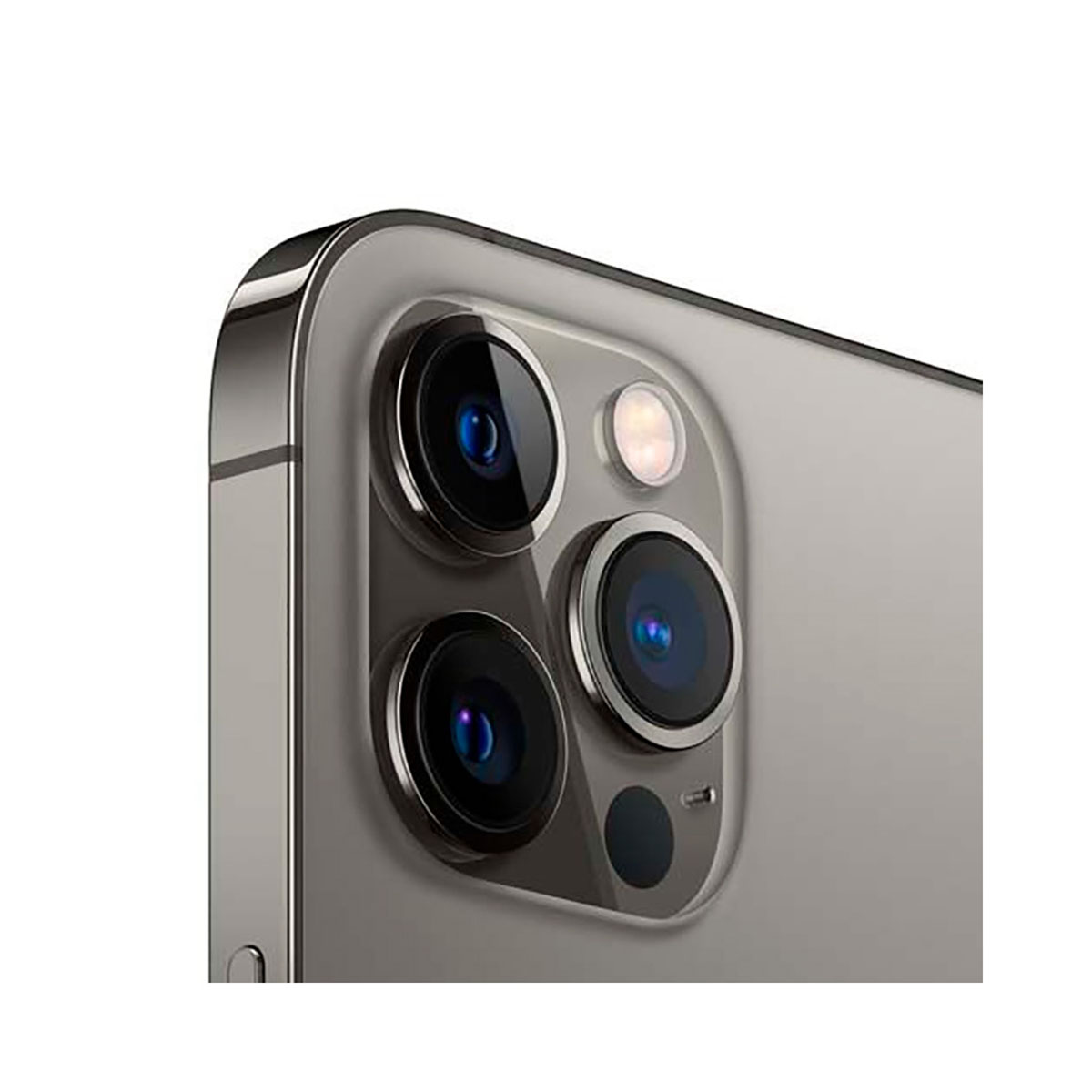 Zbliżenie aparatu w telefonie z wieloma obiektywami, lampą błyskową i czarną kropką na szarej powierzchni.