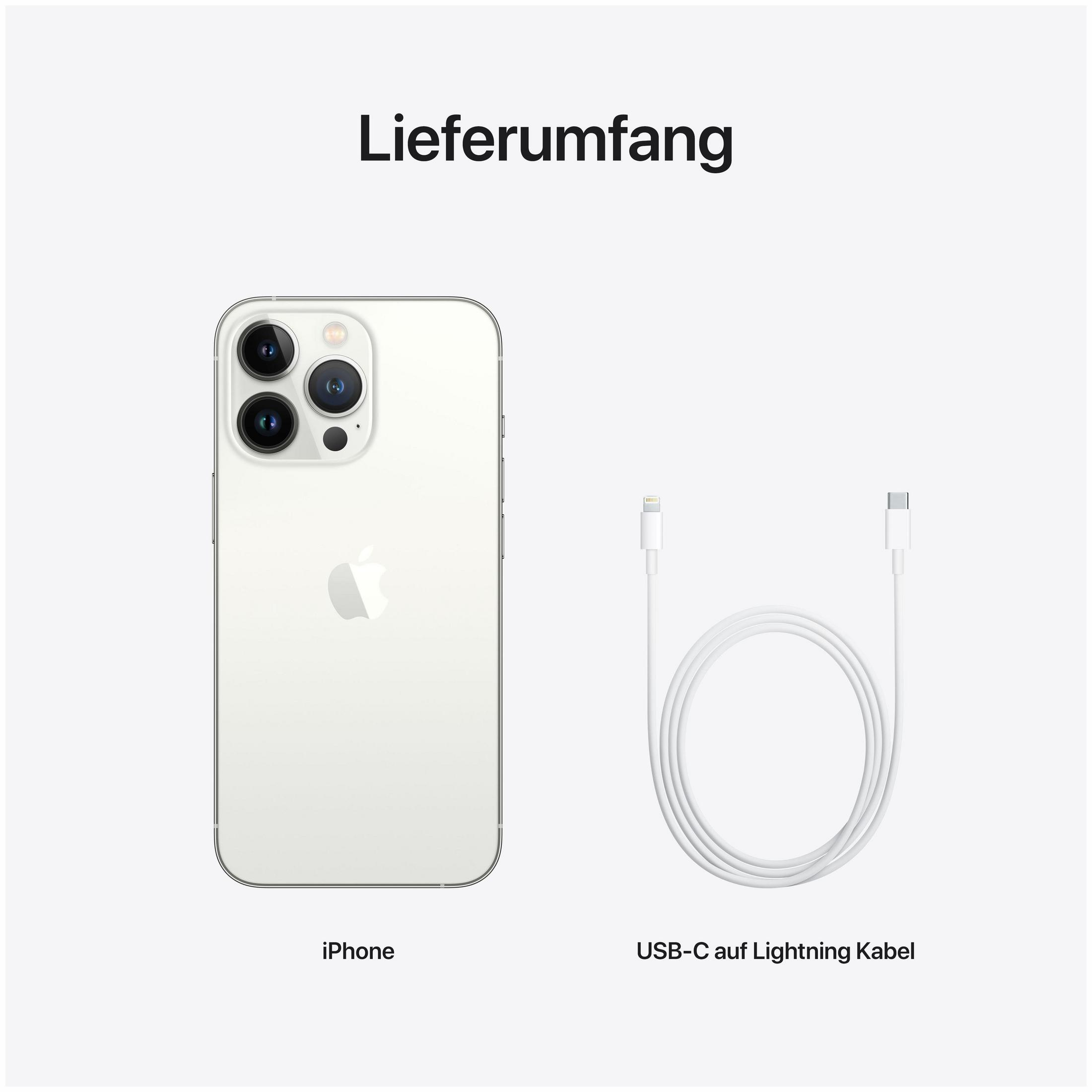 Dwa iPhone'y i biały kabel do ładowania na białej powierzchni. U góry tekst 'Lieferumfang'.