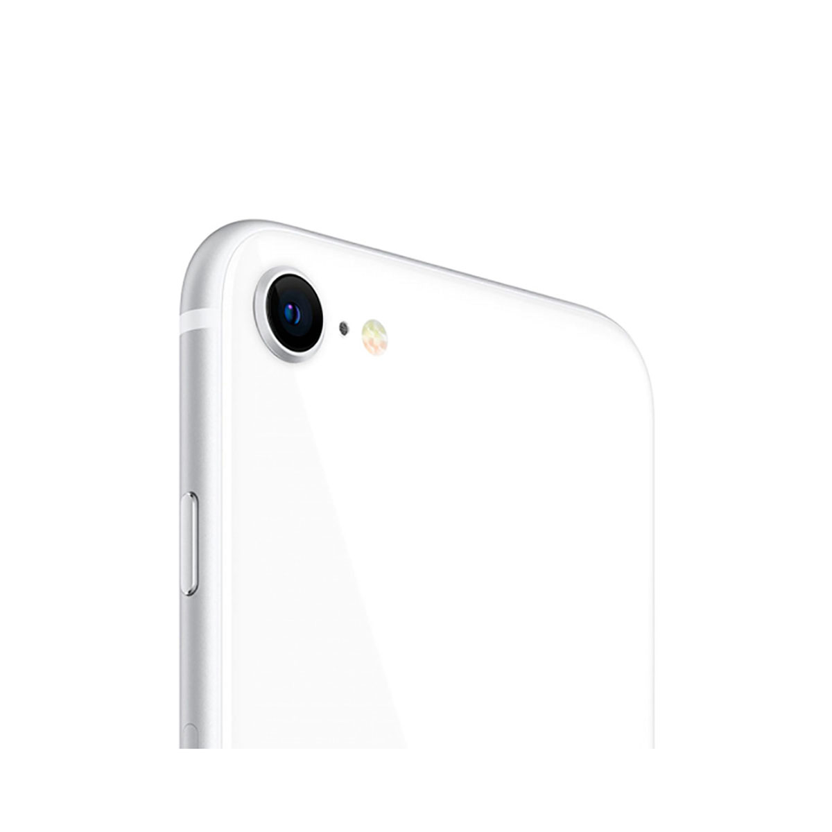 Tył białego smartfona z aparatem. Tło jest białe.