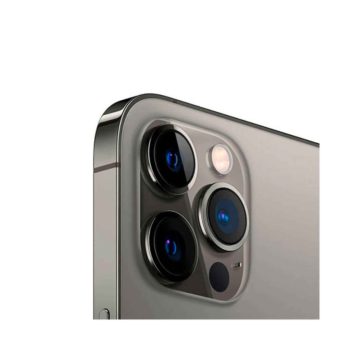 Zbliżenie modułu aparatu iPhone'a, z trzema obiektywami i lampą błyskową na szarym telefonie.