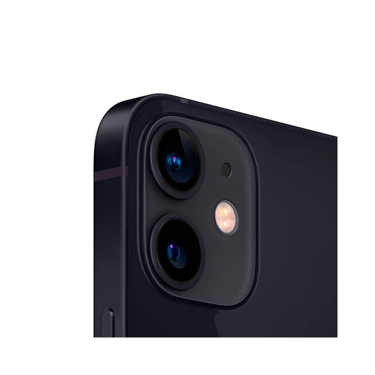 Czarny telefon z dwoma aparatami z bliska. Jest na białym tle.