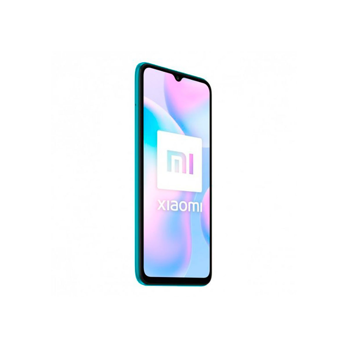 Ein Xiaomi-Telefon mit blauem Rahmen und weißem Logo auf weißem Hintergrund. Das Telefon ist abgewinkelt.