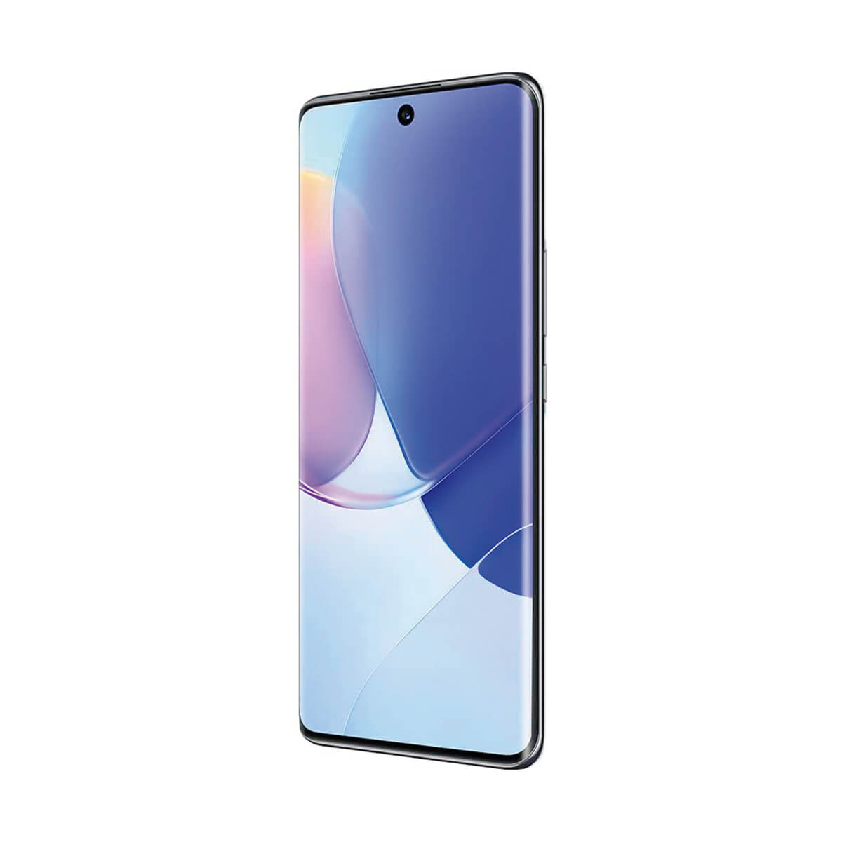 Ein Smartphone mit gebogenem Bildschirm. Der Bildschirm zeigt einen blauen und rosa Farbverlauf.