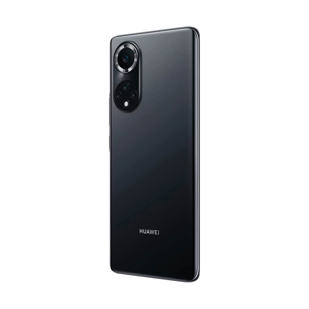 Ein schwarzes Smartphone mit kreisförmigem Kameramodul, HUAWEI-Logo unten.