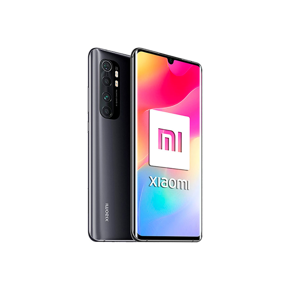Czarny telefon Xiaomi i ekran z logo. Białe tło.