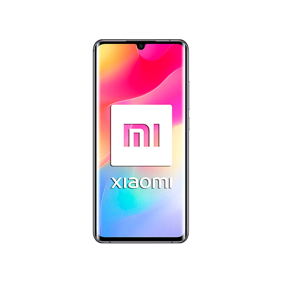 Telefon z logo Xiaomi na ekranie. Białe tło. Ekran wyświetla kolory różowy i biały.