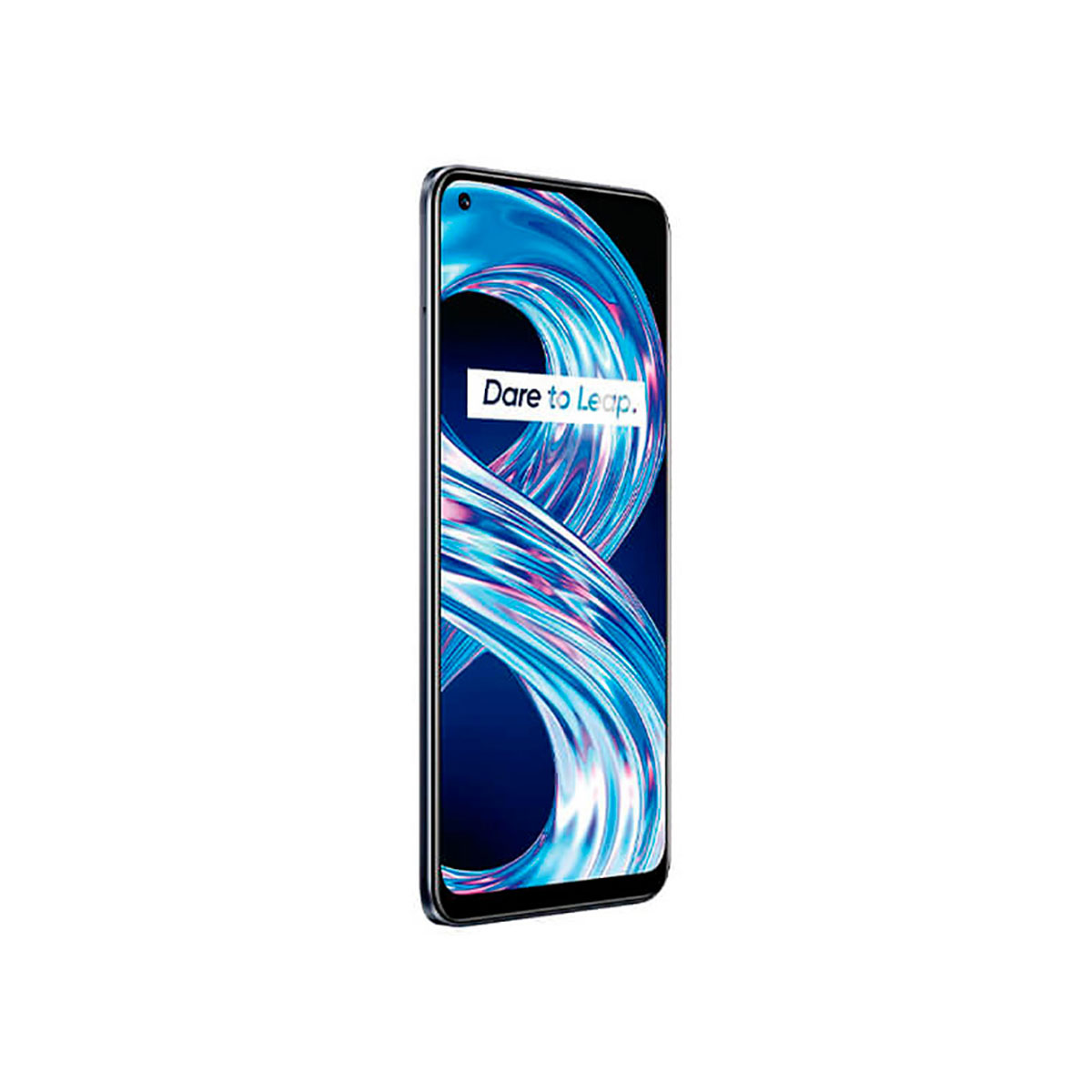 Smartphone-Bildschirm, blau-weißes abstraktes Design, mit Text 'Dare to Leap'. Weißer Hintergrund.