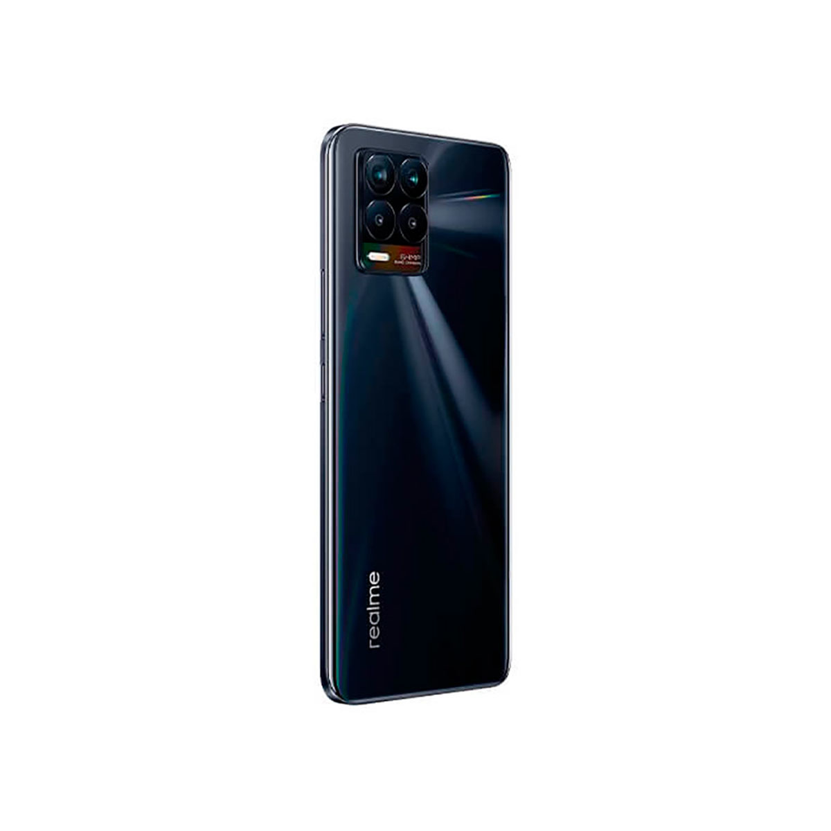 Realme-Telefon, Rückansicht. Schwarze Farbe mit Kamerasystem. Realme-Logo sichtbar.