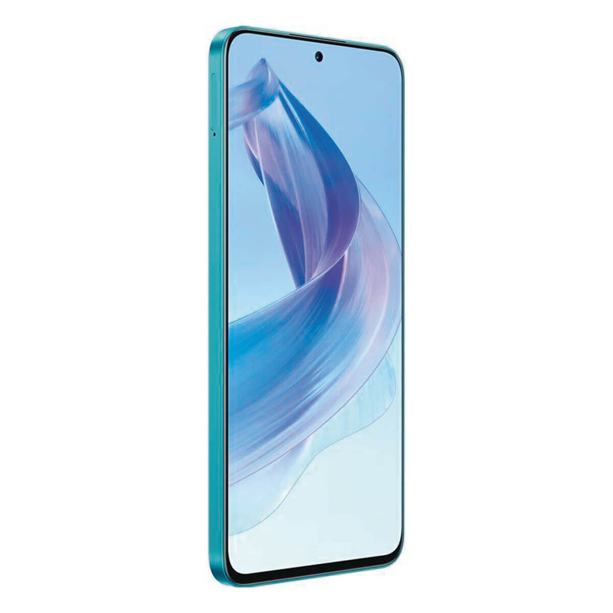 A teal smartphone, angled slightly, displays a blue and teal abstract graphic on the screen.