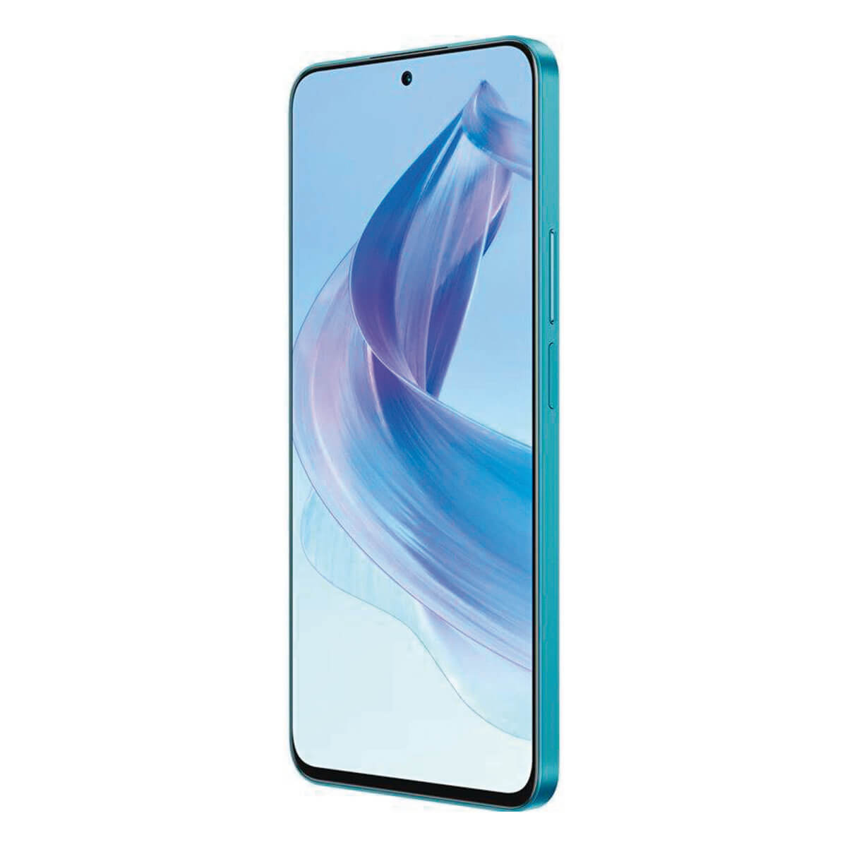 A teal-colored smartphone with a curved screen, showing an abstract blue image.