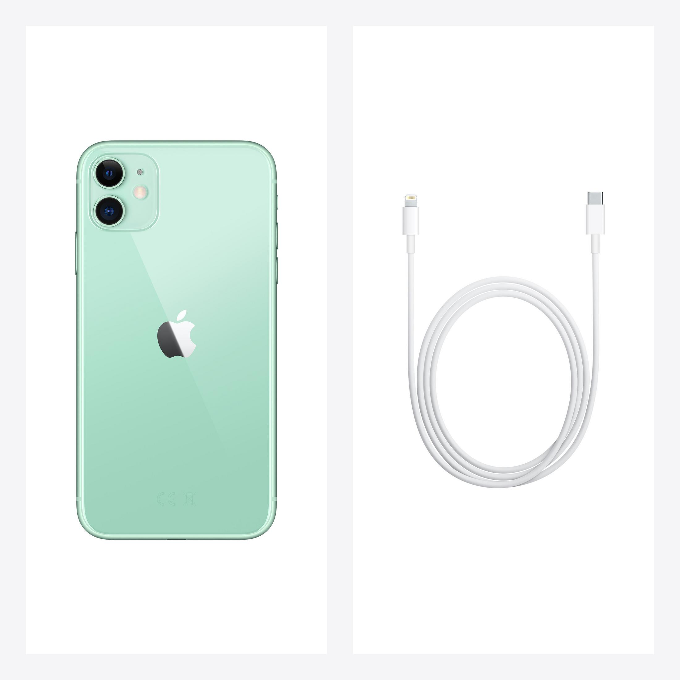 Zielony iPhone 11 i biały kabel do ładowania. Białe tło.
