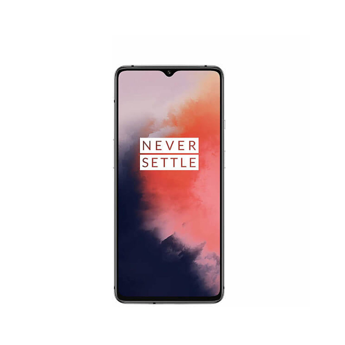 Smartphone mit Anzeige "NEVER SETTLE". Hintergrund mit roten und blauen Wolken.