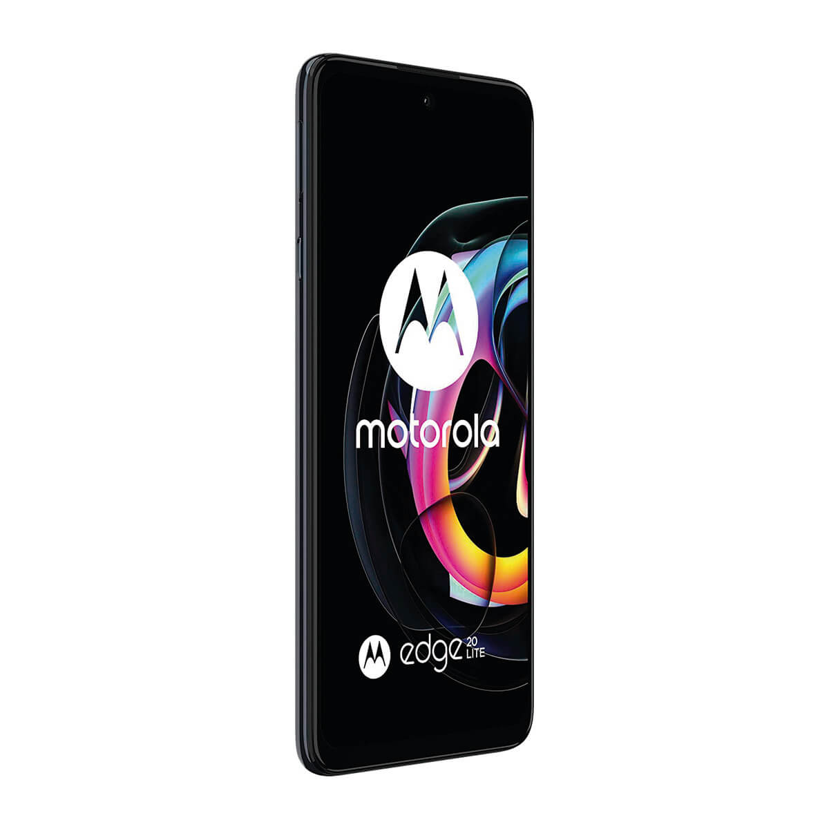 Czarny smartfon z kolorowym wyświetlaczem. Telefon ma logo Motorola i napis edge 20 lite.