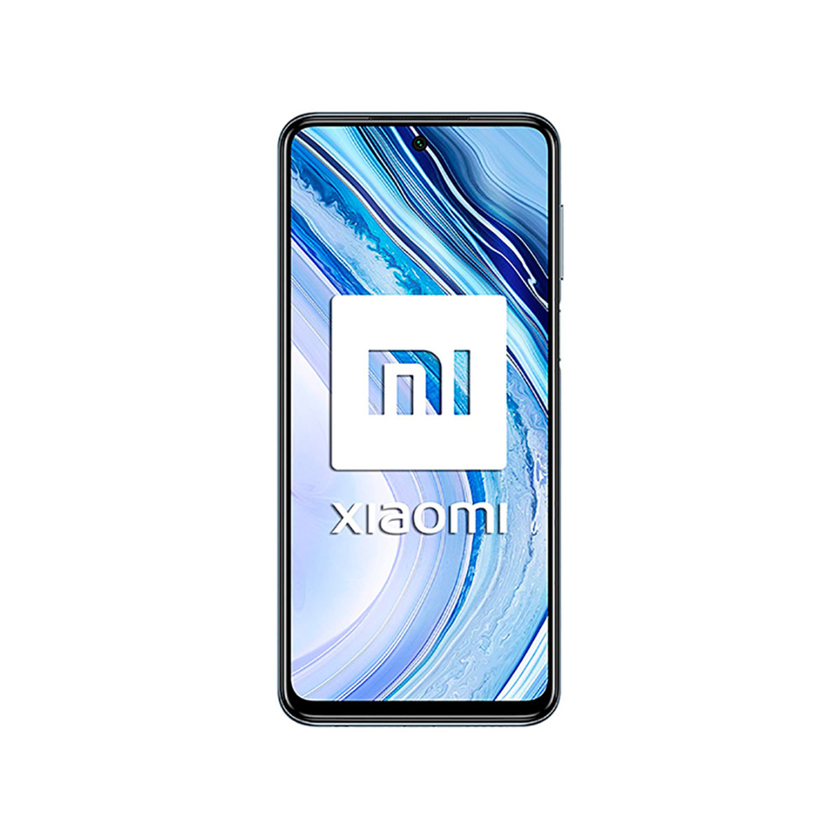 Widok z przodu telefonu Xiaomi, białe logo i tekst na niebieskim falistym wzorze na ekranie.
