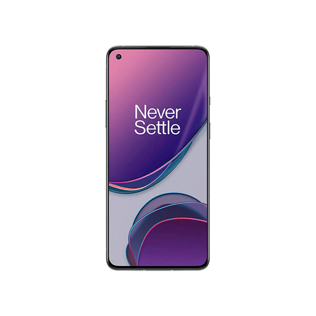 OnePlus telefoonscherm met 'Never Settle'-tekst op een gradiënt achtergrond.