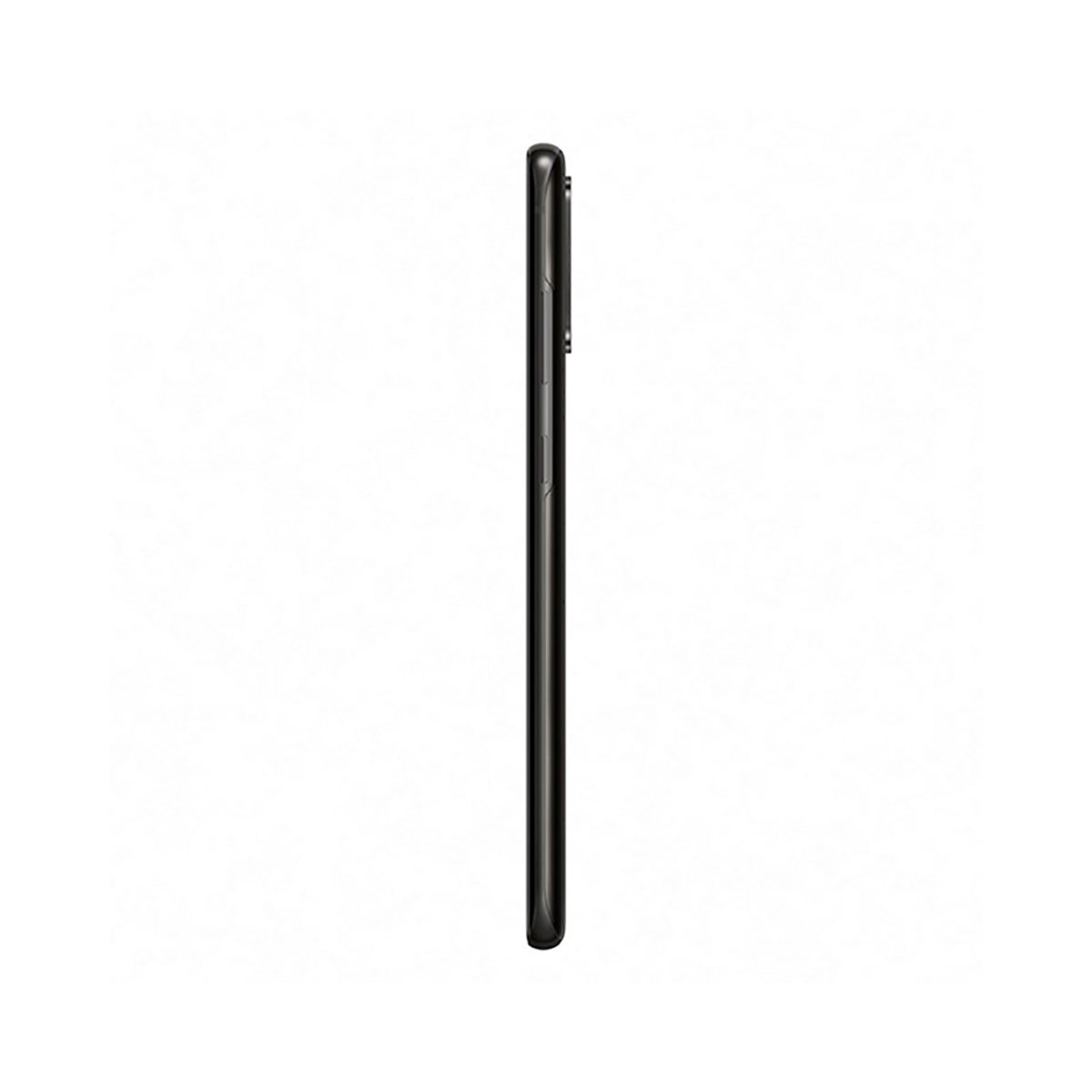 Widok z boku czarnego smartfona. Widoczne przyciski i funkcje boczne. Białe tło.