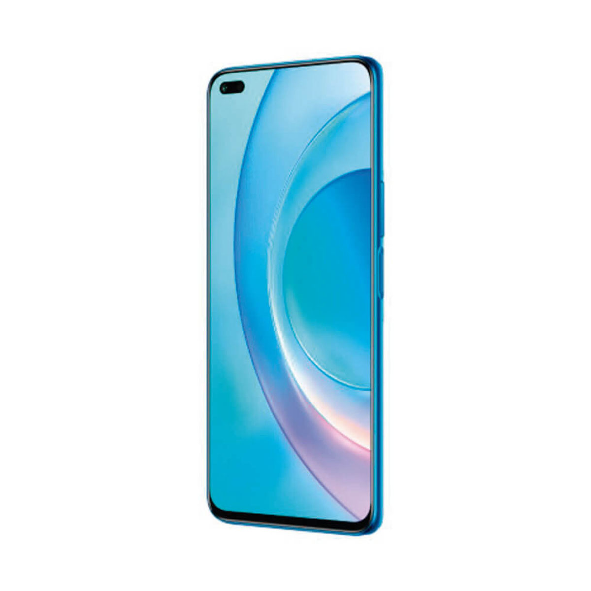 Niebieski smartfon trzymany pionowo. Ekran pokazuje zakrzywiony niebiesko-biały design, z przednim aparatem.