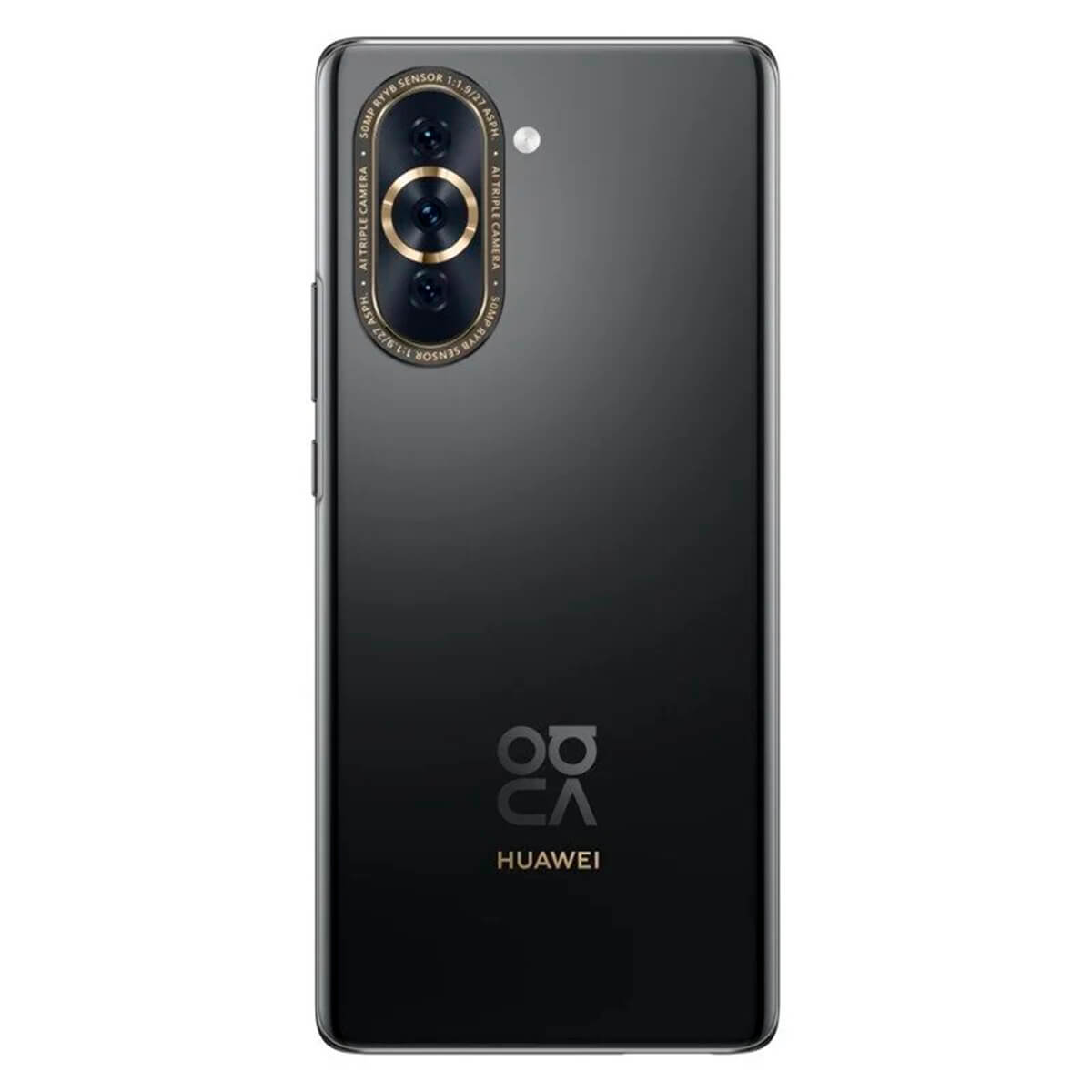 Siyah Huawei telefon, arka görünüm. Metinli bir kameraya ve altta Huawei logosuna sahip.