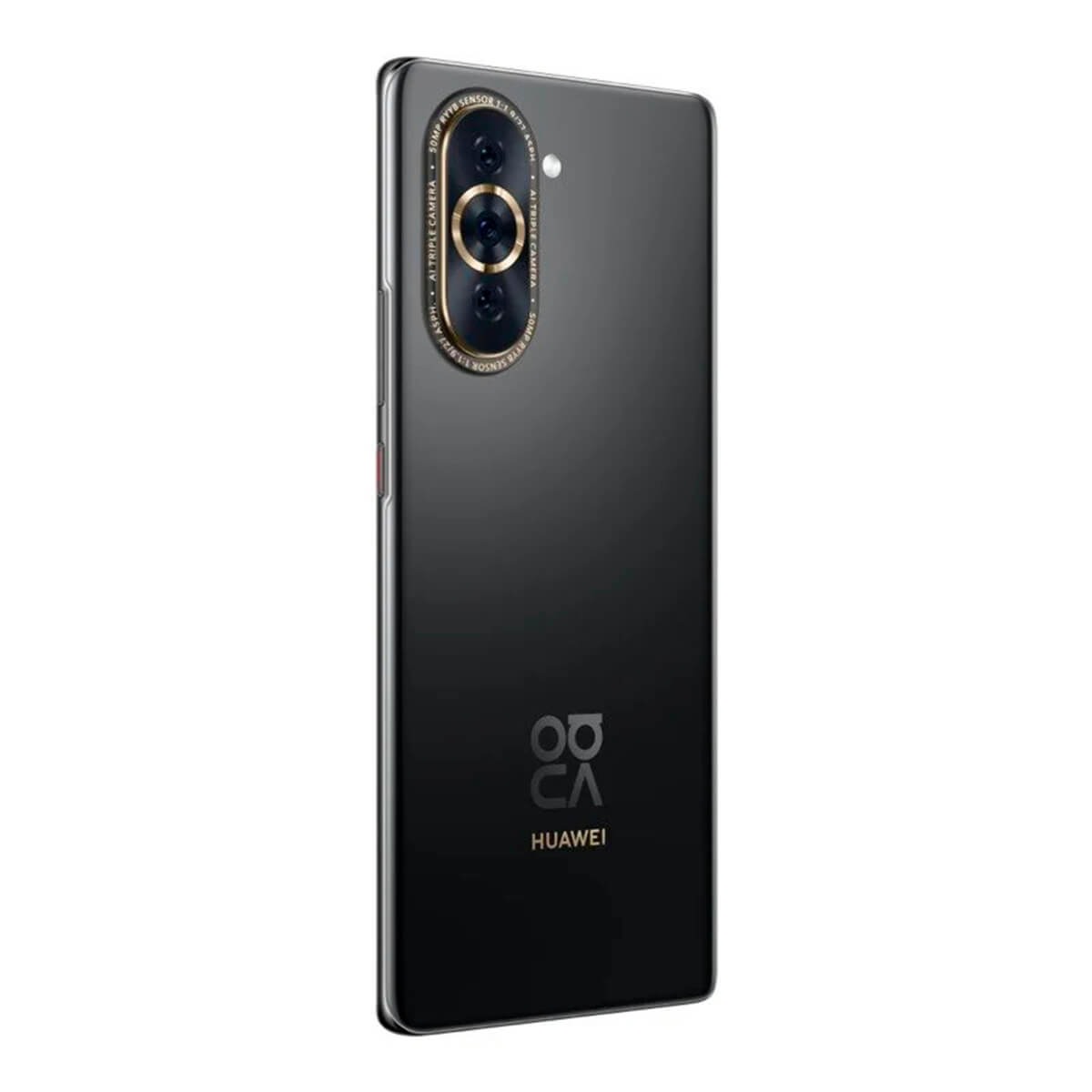 Siyah bir akıllı telefonun arkası, üçlü kamera kurulumu ve Huawei logosu ile.