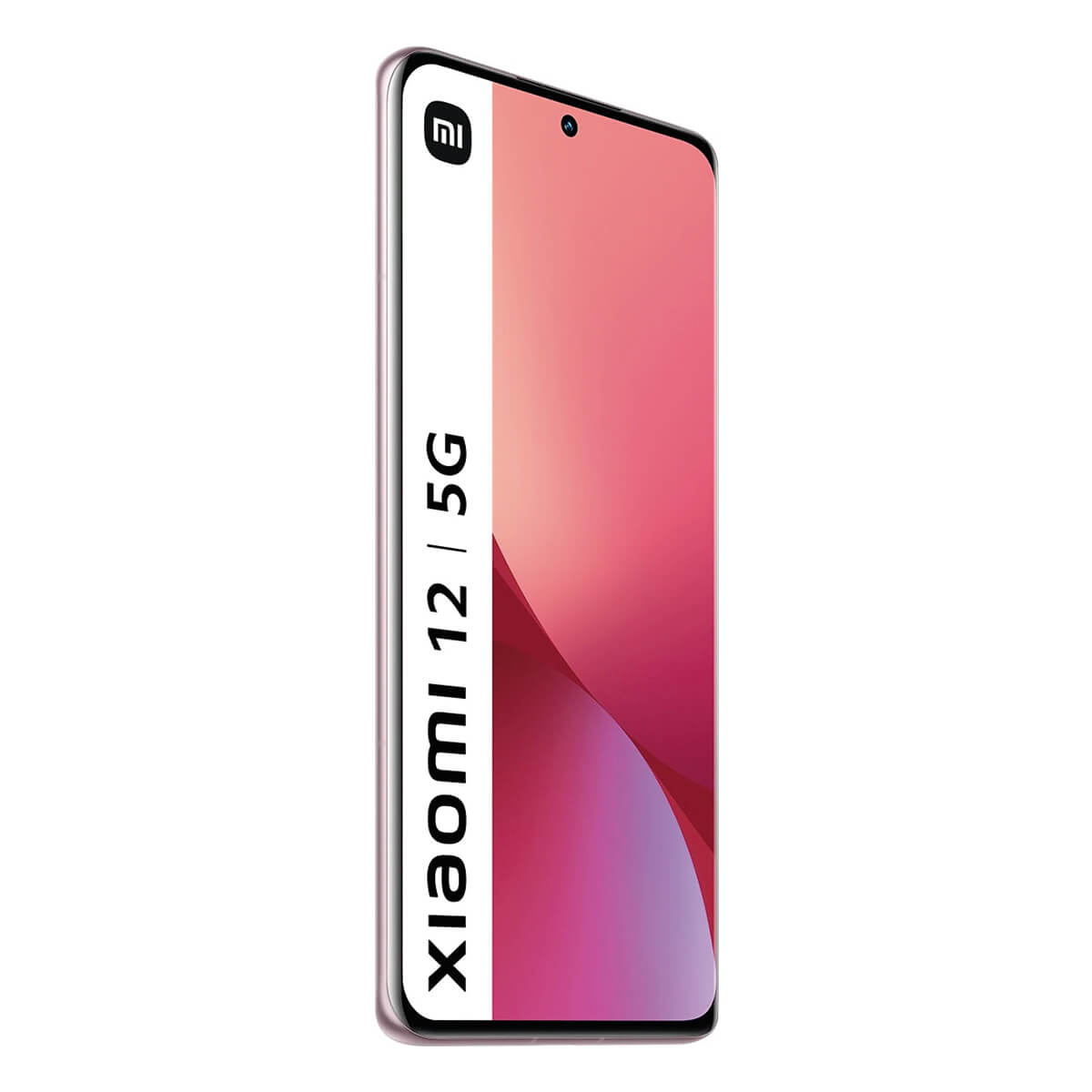 Telefon Xiaomi 12 5G, w kolorze różowym, z białym paskiem z nazwą marki.