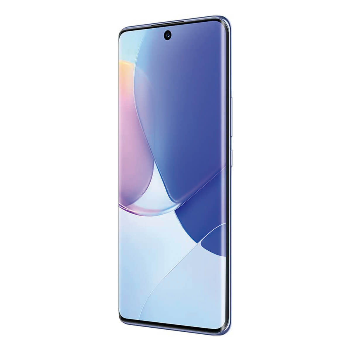Blaues Telefon mit gebogenem Bildschirm. Das Display zeigt ein lila und blaues abstraktes Design.