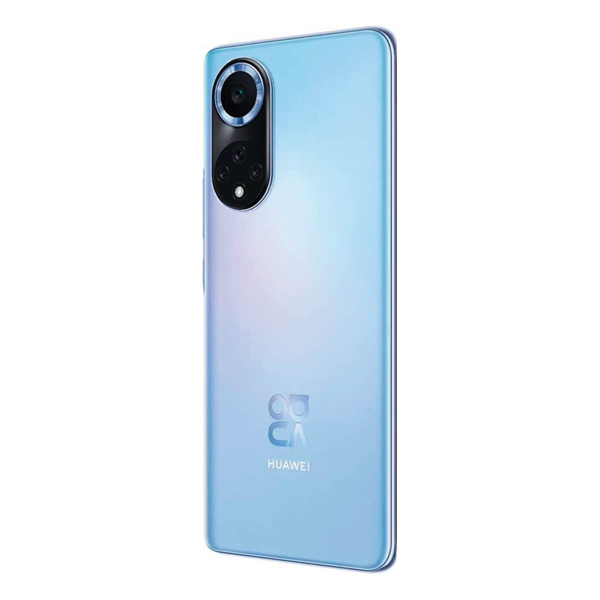 Die Rückseite eines hellblauen Smartphones mit mehreren Kameras, dem Logo und dem Markennamen HUAWEI.