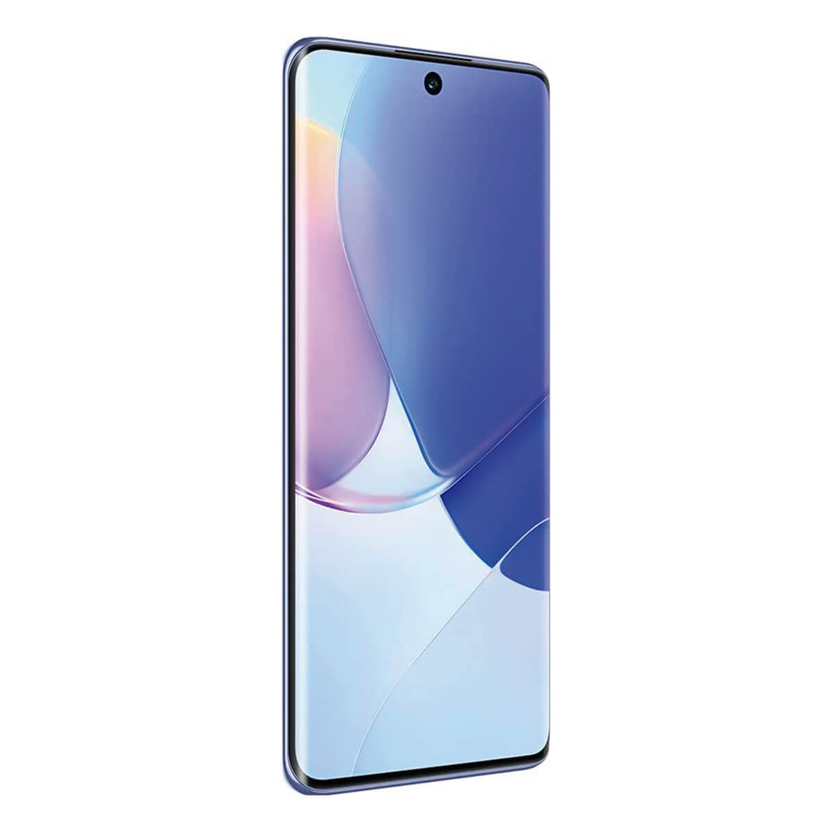 Blaues Telefon, das den Bildschirm zeigt. Es ist eine Frontansicht mit einer einzelnen Kamera und einem dünnen Rahmen.