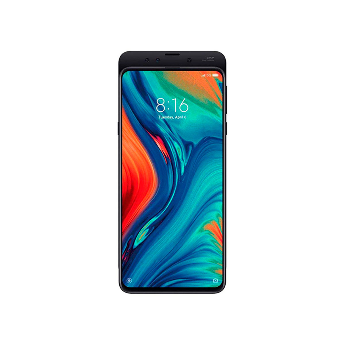 Un telefono nero con un grande schermo che mostra uno sfondo astratto colorato.