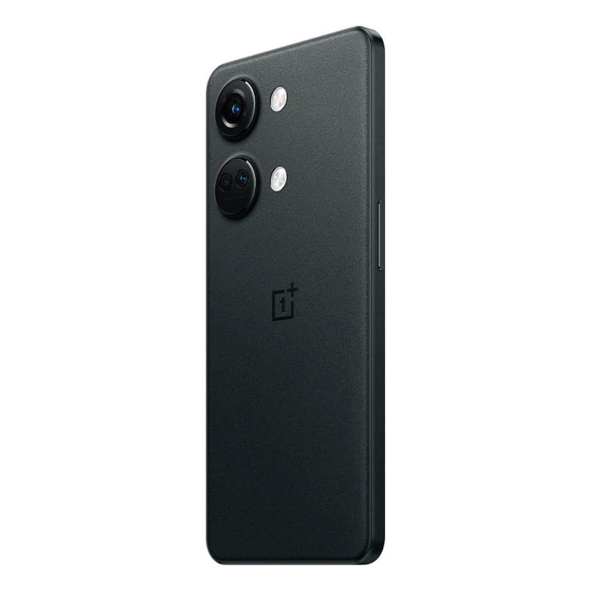 Czarny tył telefonu OnePlus z dwoma aparatami i logo. Czarna powierzchnia, białe tło.