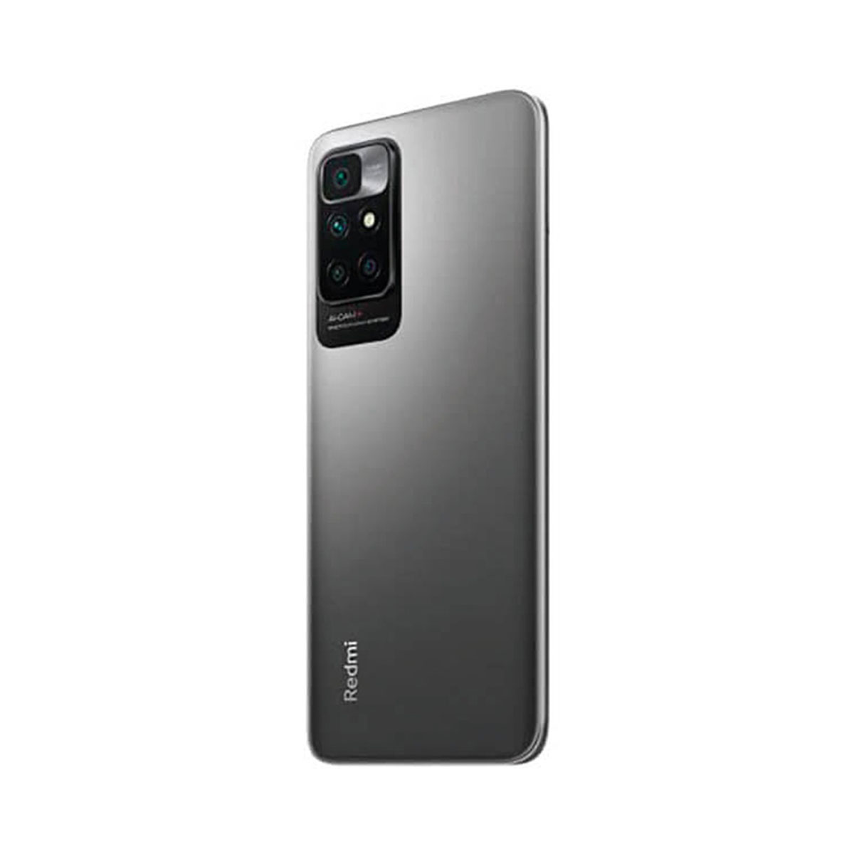 Vista posteriore del telefono Redmi grigio con fotocamere. Il telefono è su sfondo bianco.